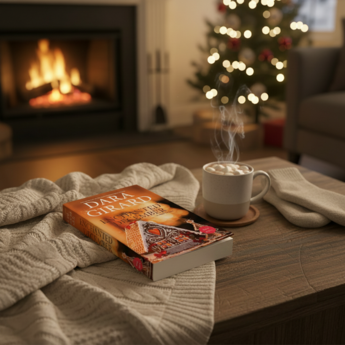 Paperback of Enchanted December on a table near a cup of hot chocolate